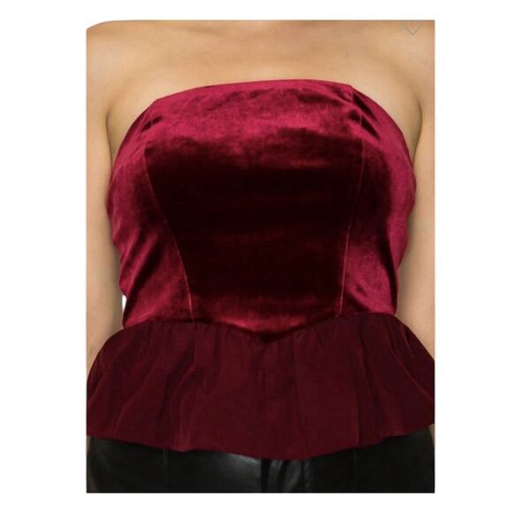 Haute Monde Burgundy Velvet Strapless Peplum Top Size L Ruffle Holiday Party NWT - Picture 3 of 6